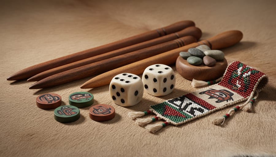 Traditional indigenous gaming stones and carved dice displayed on buckskin leather