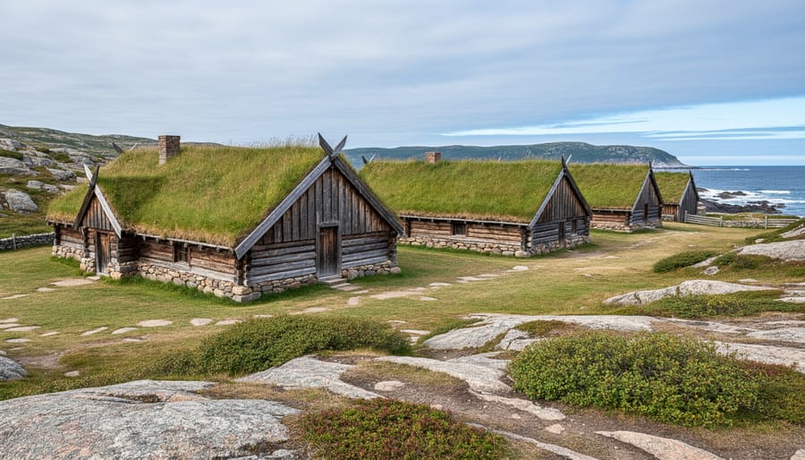 Aerial view of reconstructed Viking sod buildings with grass roofs at L'Anse aux Meadows historic site