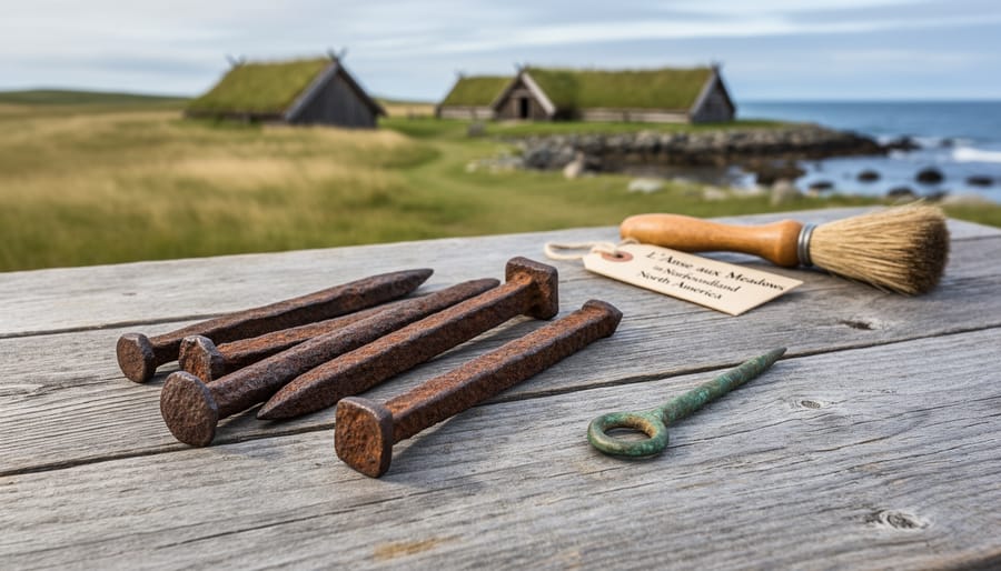 Archaeological artifacts from L'Anse aux Meadows including corroded iron nails and bronze pin