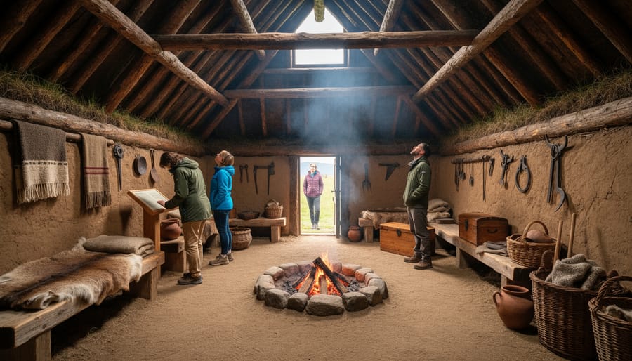 Interior view of reconstructed Viking sod house showing wooden beams, fire pit, and period tools