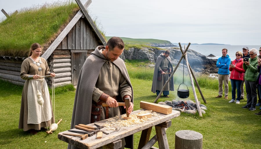 Costumed interpreter in Viking-era clothing demonstrating traditional Norse crafts at historic site