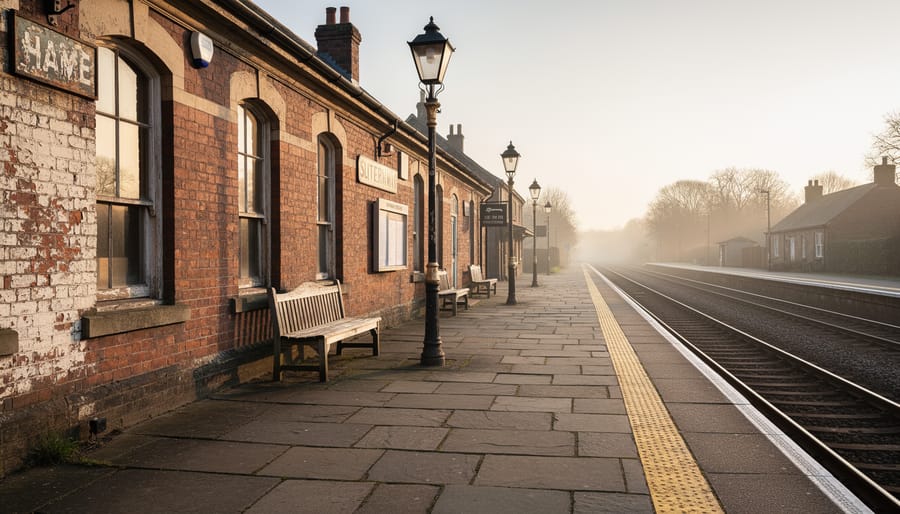 Abandoned railway station platform with rails extending into the distance