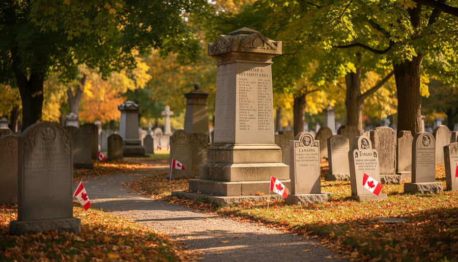 Preserved cemetery path with old headstones and lichen under soft overcast light