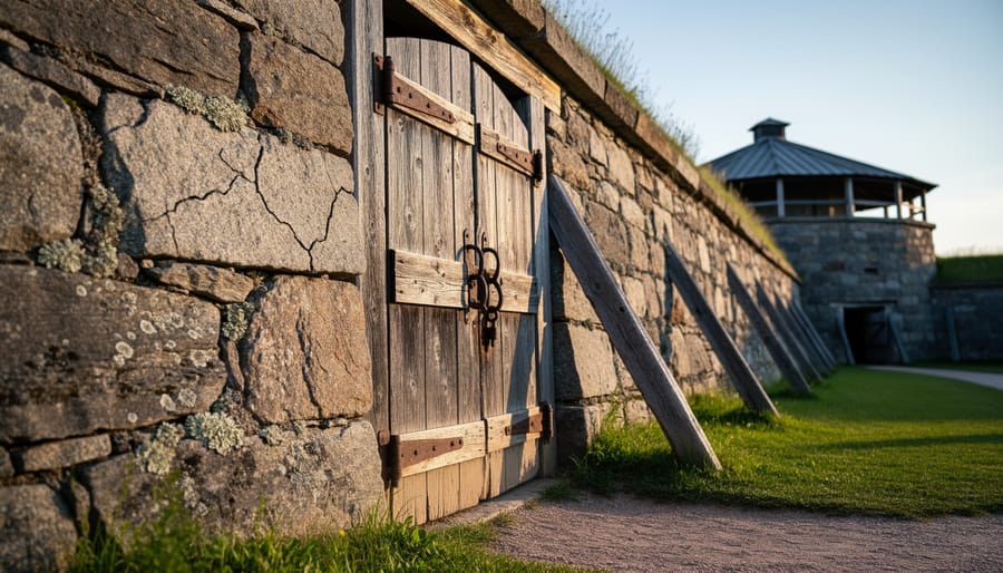 Weathered stone fort wall and wooden gate with soft daylight