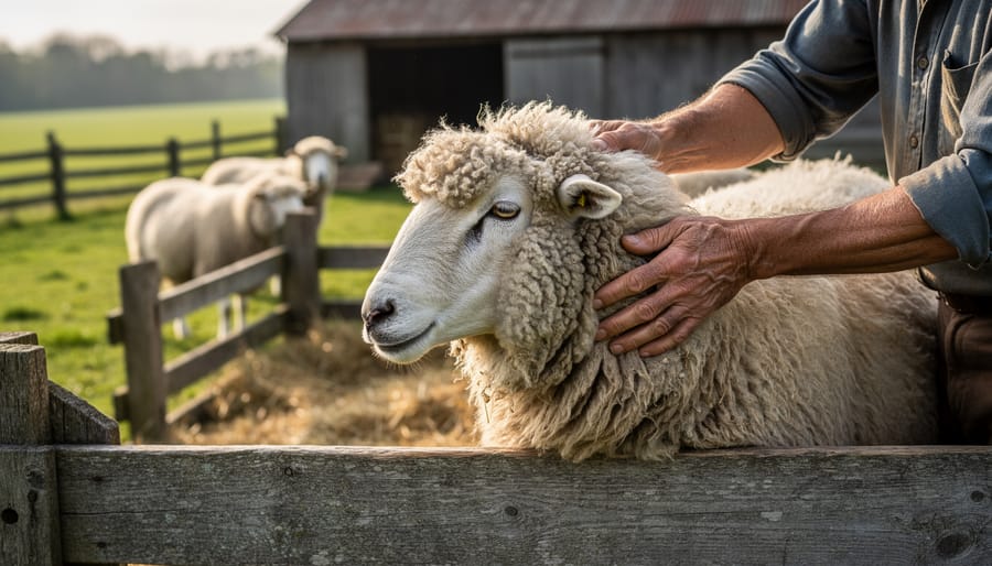 Caretaker holding a heritage sheep near a wooden farm gate at Cape Fear Farm