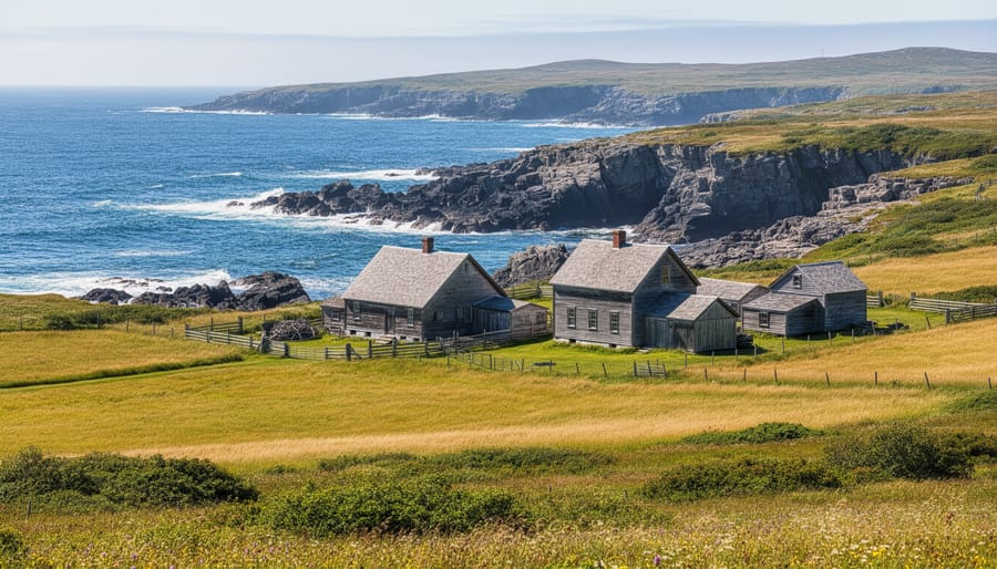 Wide view of the Cape Fear Farm Heritage Association farm buildings and fields near the Newfoundland coast