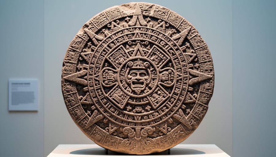 Close view of an ancient carved stone calendar disc with circular grooves
