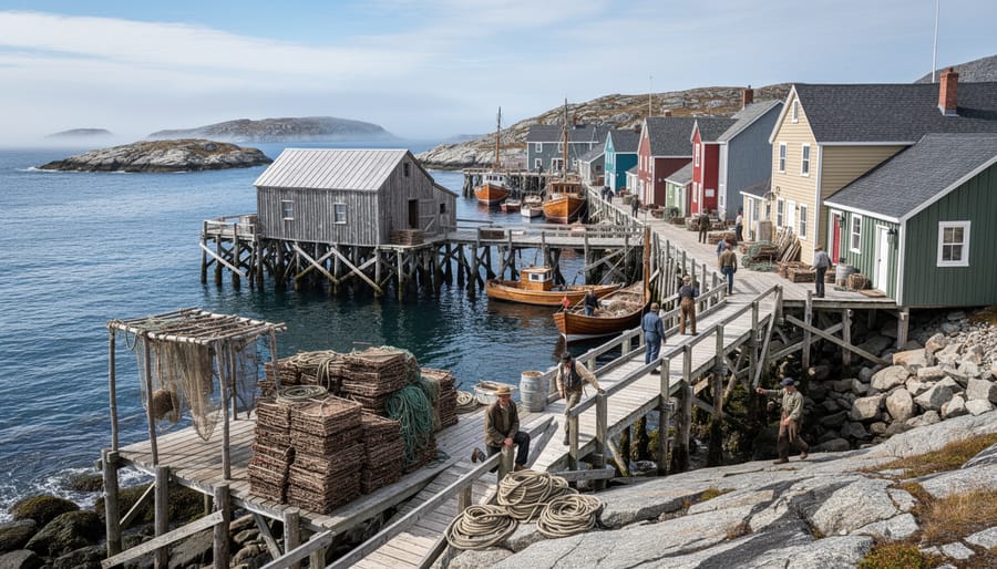 Restored fishing premises and wooden sheds at Battle Harbour, Newfoundland and Labrador near a rocky shoreline