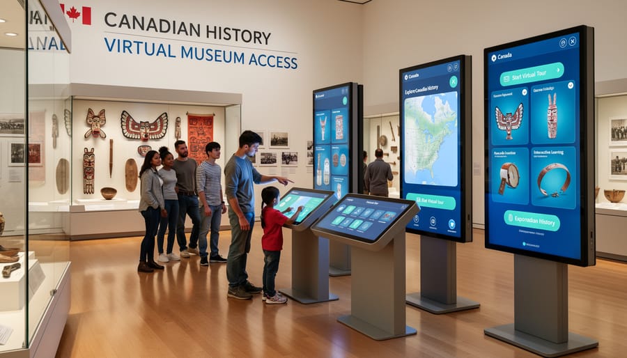 Visitors in a modern museum gallery viewing an exhibit under warm lighting.