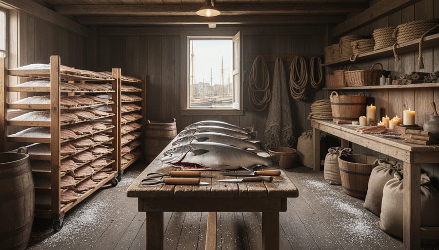 Reconstructed 18th-century French fishing operation at Fortress of Louisbourg Fisheries with wooden tools and barrels