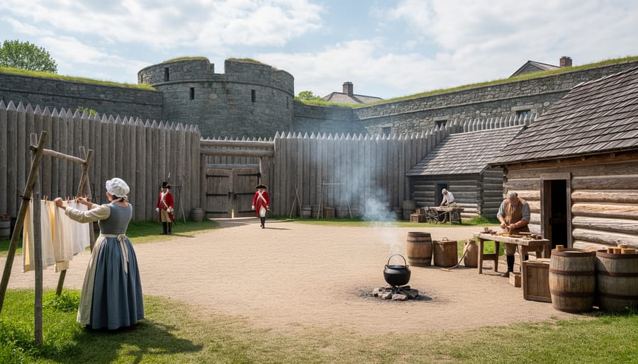 A reconstructed 18th-century fortress with wooden palisade and stone ramparts, featuring a costumed interpreter near the gate.