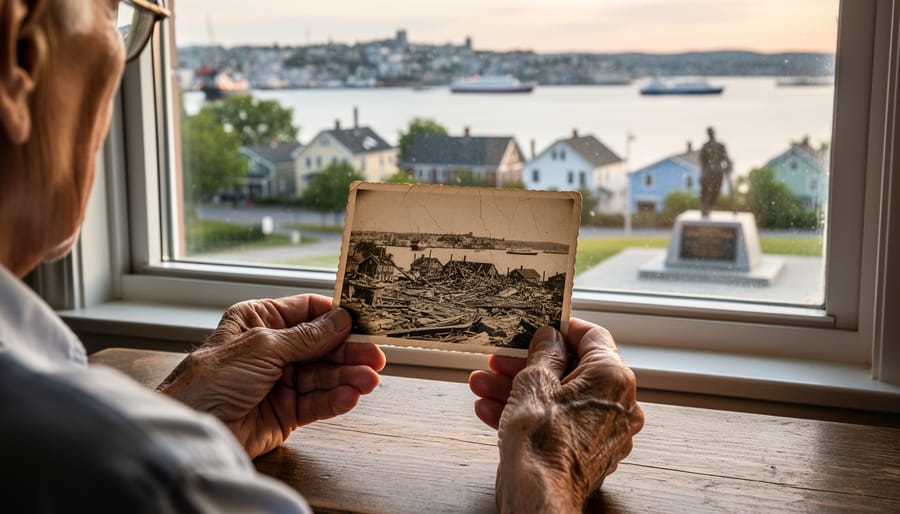 An interpreter holding an old notebook and photograph in a period desk setting suggestive of Halifax Explosion testimony.