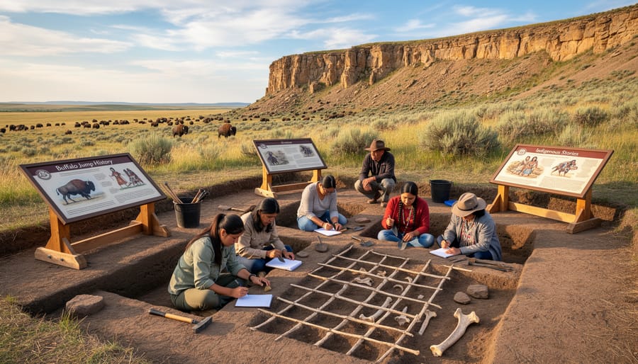 A First Nations storyteller and an archaeological dig area in front of a buffalo-jump cliff at Head-Smashed-In.