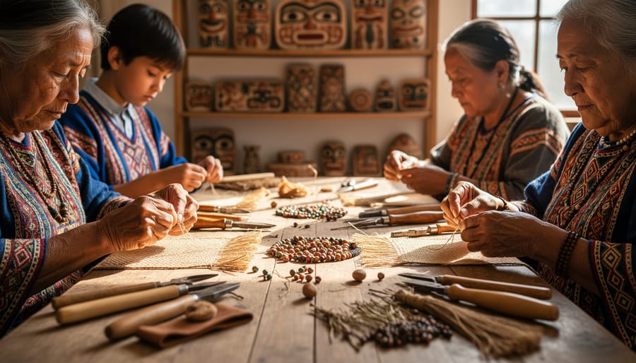 Close-up of Indigenous craft items including woven textile, carved wooden tool, and beads on a natural mat