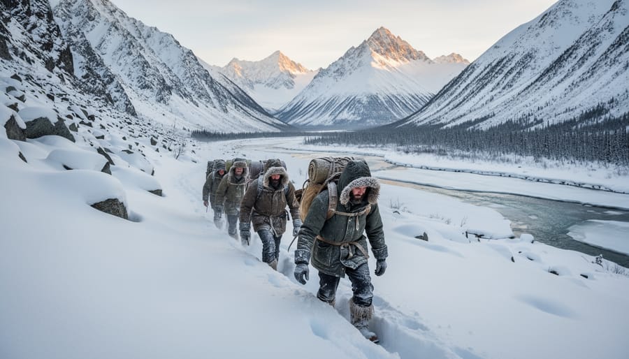 A person hiking along a snowy Yukon trail in a winter landscape reminiscent of the Klondike Gold Rush.
