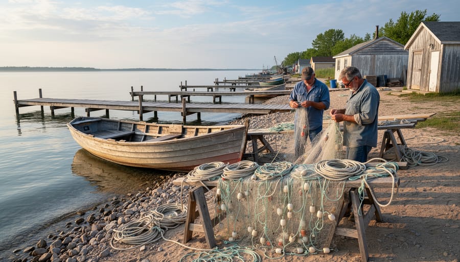 Wooden fishing boat and netting along Lake Winnipeg shoreline in Manitoba