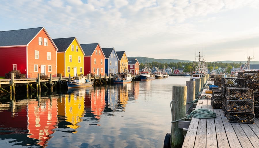 Historic waterfront in Lunenburg, Nova Scotia with wooden wharves and fishing boats moored near colorful heritage buildings