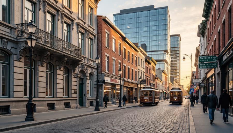 Old Montréal buildings with cobblestone street viewed from ground level in warm golden-hour light.