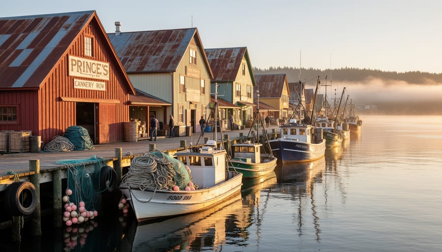 Preserved cannery buildings along the Skeena River at Cannery Row Heritage Area in Prince Rupert, British Columbia