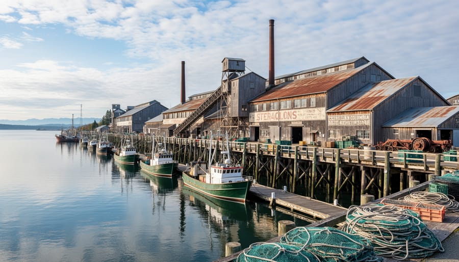 Restored salmon cannery waterfront in Steveston, British Columbia with docks and moored boats