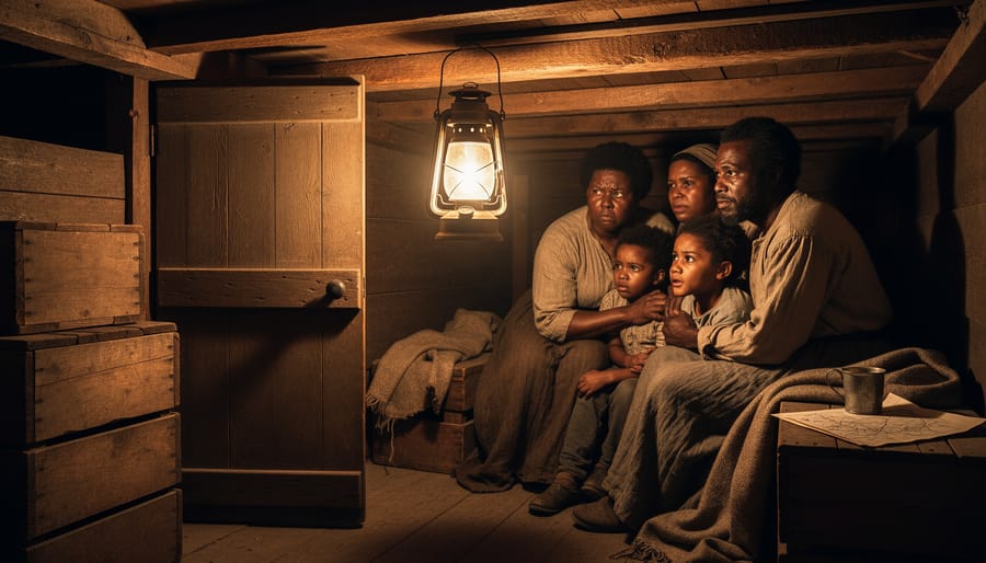 A lantern-lit hidden room with a slightly ajar trapdoor hatch in a period setting.