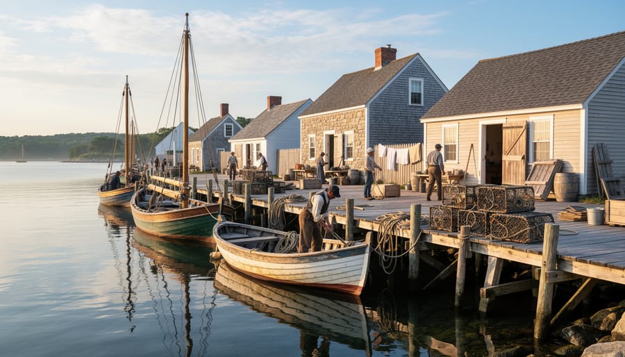 Recreated Acadian fishing quarter in New Brunswick with a traditional wooden skiff and waterfront buildings