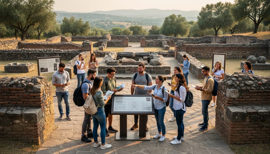 Visitors looking over an open-air archaeological heritage site with earthworks and heritage structures