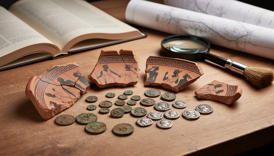 Gloved hands holding an ancient Greek pottery fragment and a small bronze coin.