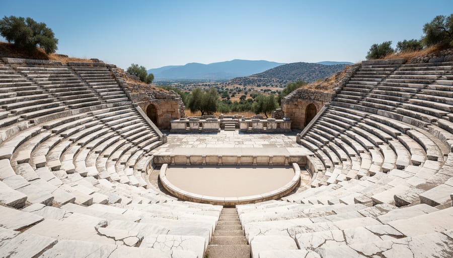 Wide view of an ancient Greek theater with empty stone seating and a stage area under warm light.