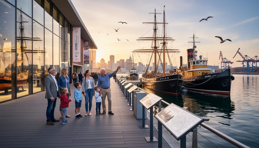 Visitors at a preserved outport waterfront near a restored boat display