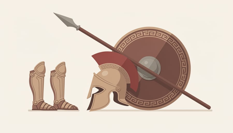 Bronze hoplite helmet and spear resting on sand with ancient stone ruins in the background.