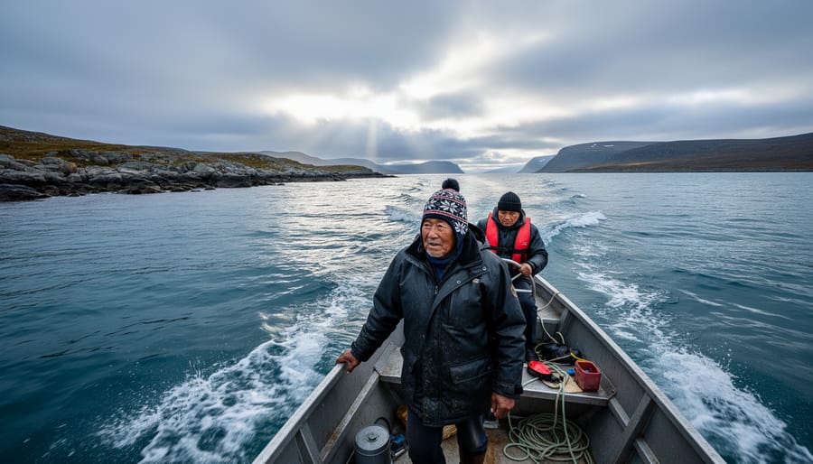Indigenous kayaker paddling a traditional-style craft near the Labrador shoreline