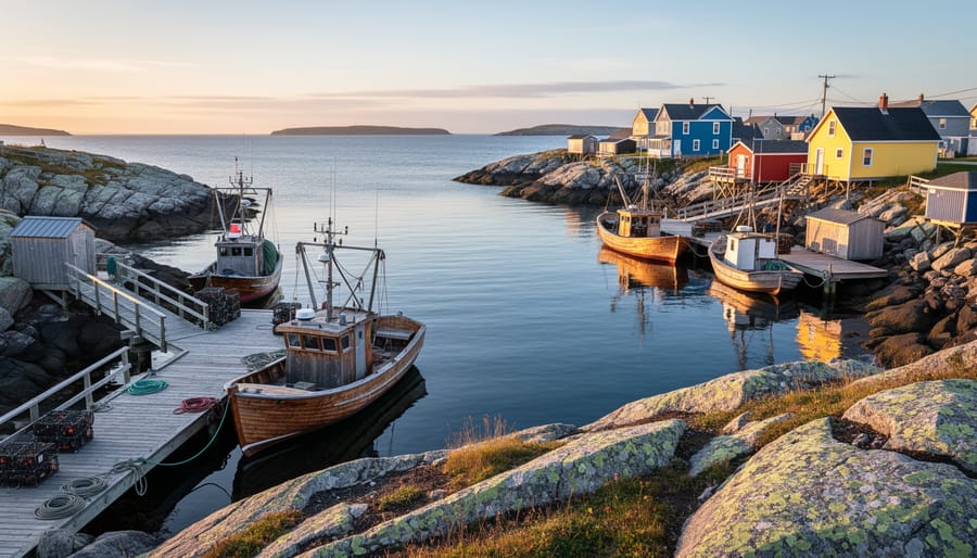 Fishing boats near a rocky Newfoundland coastline at dawn with a distant lighthouse
