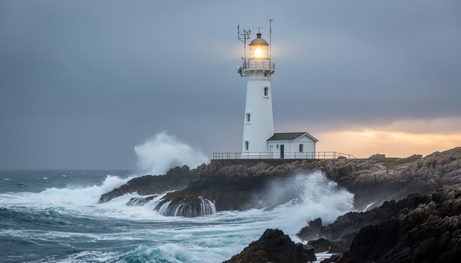 A Newfoundland lighthouse standing during stormy seas with waves and spray in the foreground