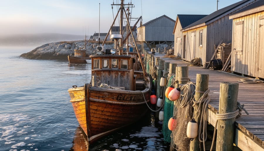 Wooden fishing schooner and stacked dories at a Newfoundland wharf in warm golden light