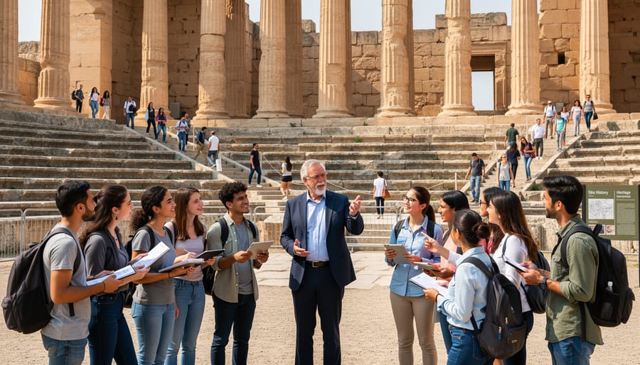 Students and a lecturer studying a classical Greek temple ruin outdoors under overcast light.