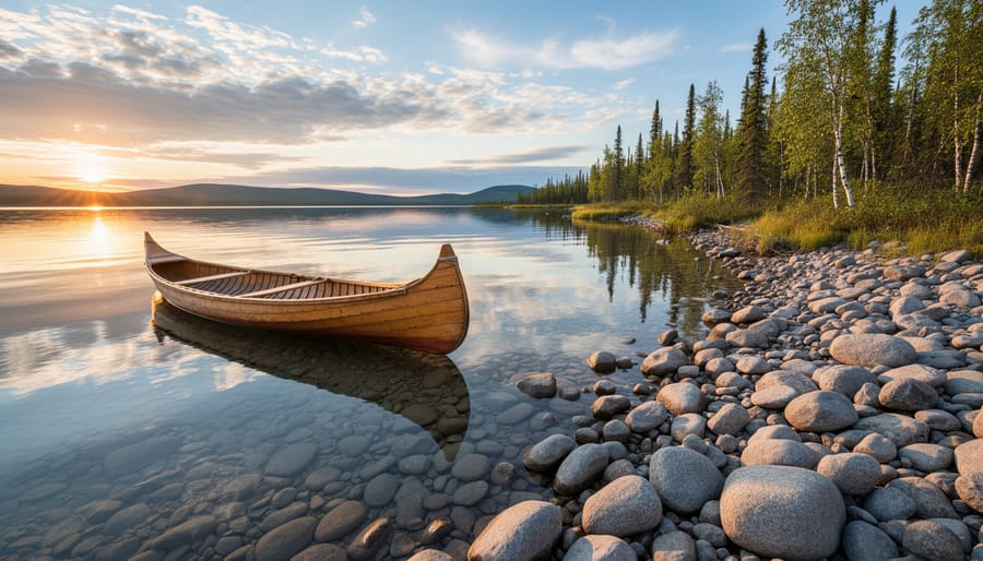 Great Bear Lake shoreline at sunrise with rocky edge and calm water