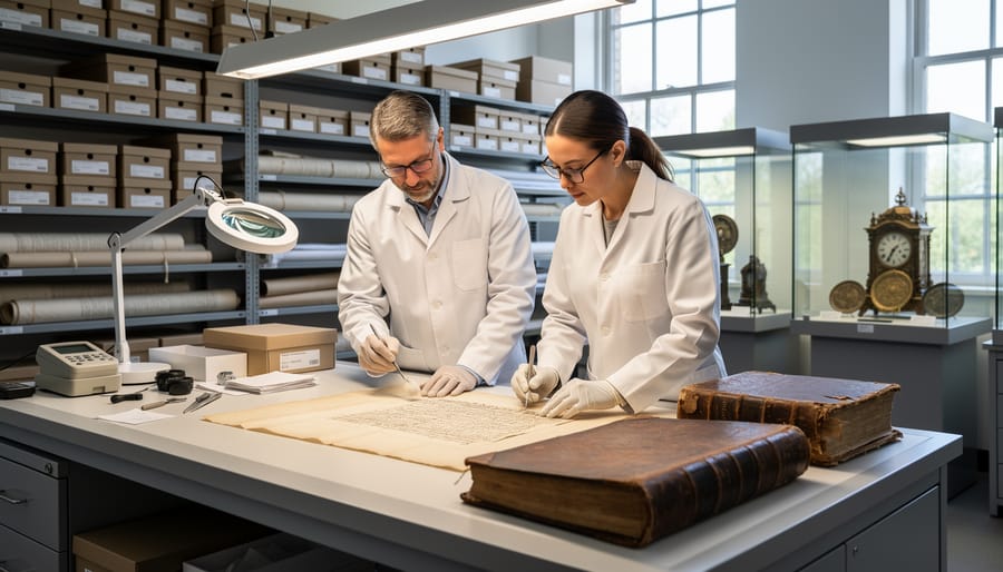 Conservators wearing gloves examining a carved wooden artifact in a heritage workshop
