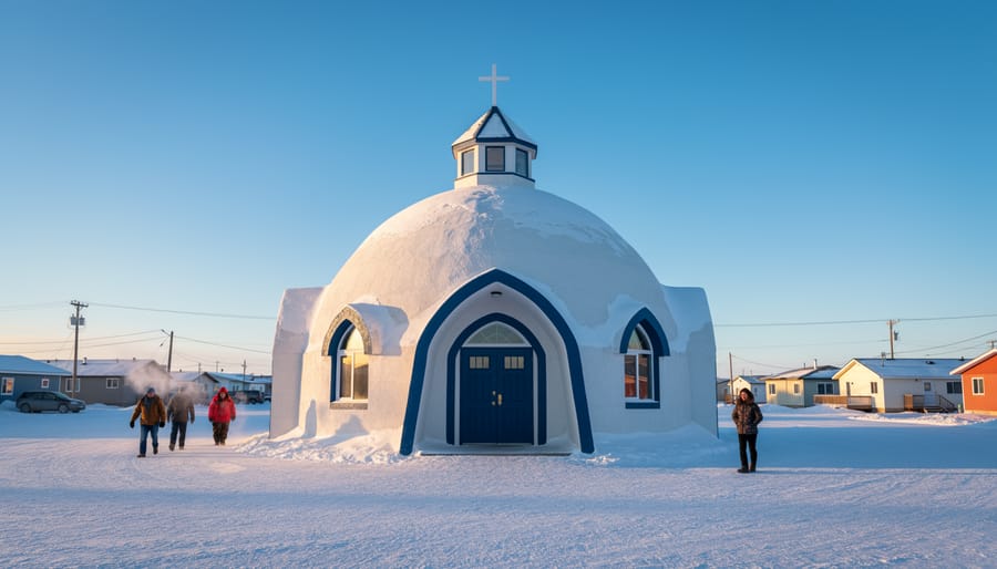 Our Lady of Victory (Igloo Church) in Inuvik with surrounding snowy landscape