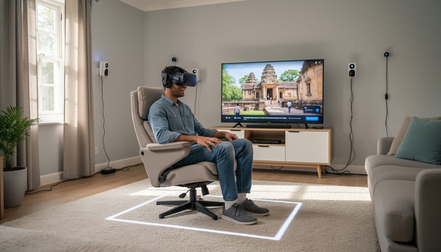 Person adjusting a VR headset strap in a spacious, uncluttered room for safe use