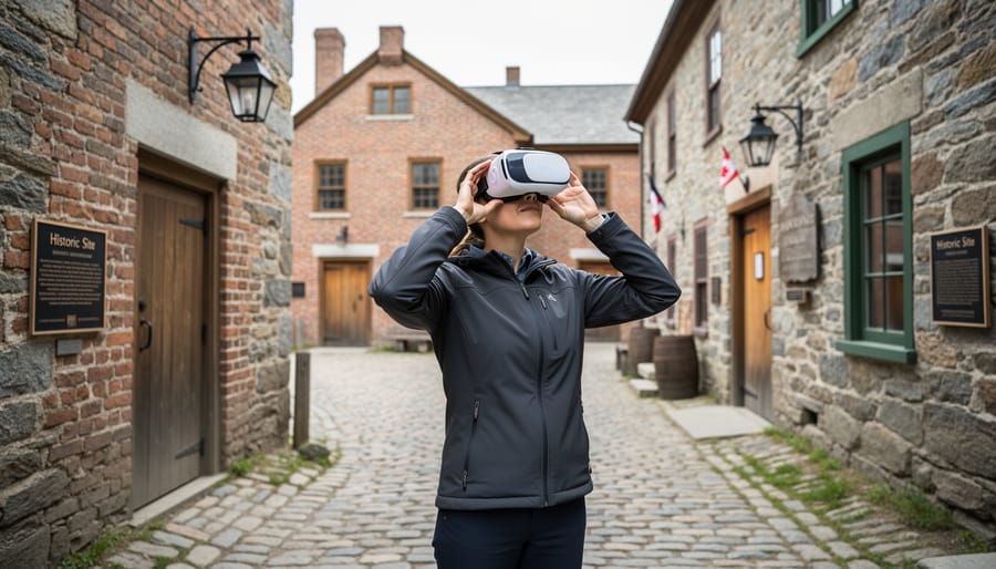 Person wearing a VR headset while standing in a Canadian historic site courtyard near stone walls