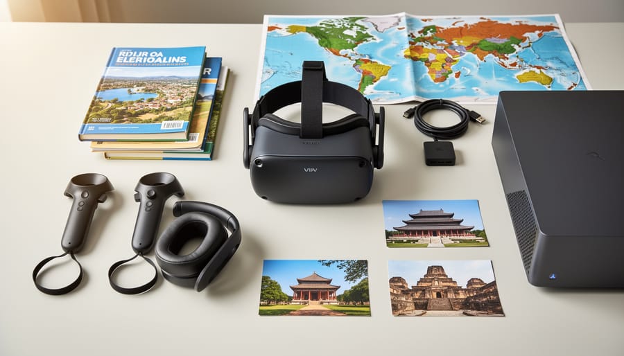 VR headset and controllers arranged on a table with protective eyewear beside them